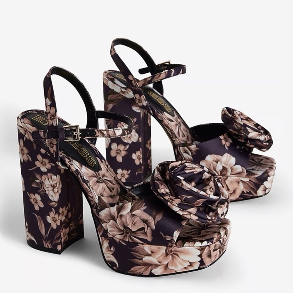 🌸 Express Floral Platform Heels – Sz 9.5 – Statement Chunky Heel Sandals - NWOT